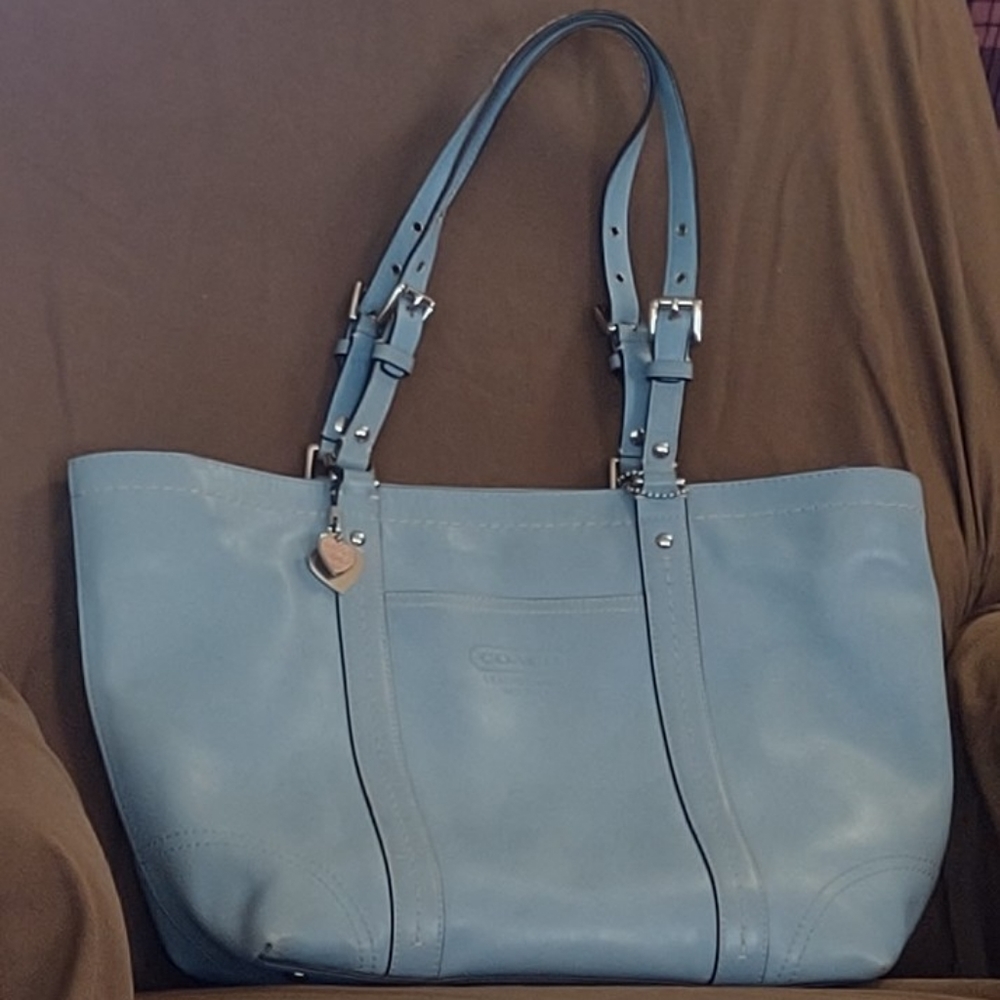 Coach Purse F13098 East West Gallery Leather Shoulder Tote Ice Blue,VG Used Cond